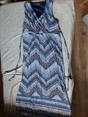 Mario Serrano Italy - Navy, light Blue Chevron Wrap sleeveless Maxi Dress